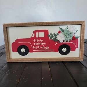 Primitives by Kathy Red Christmas Truck Felt Flowers Wooden Sign Home Decoration